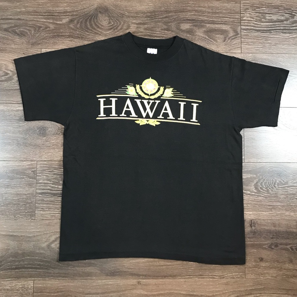 Hawaii Graphic Logo Vintage 90s Made In USA Solid Black Crewneck T-Shirt Size XL